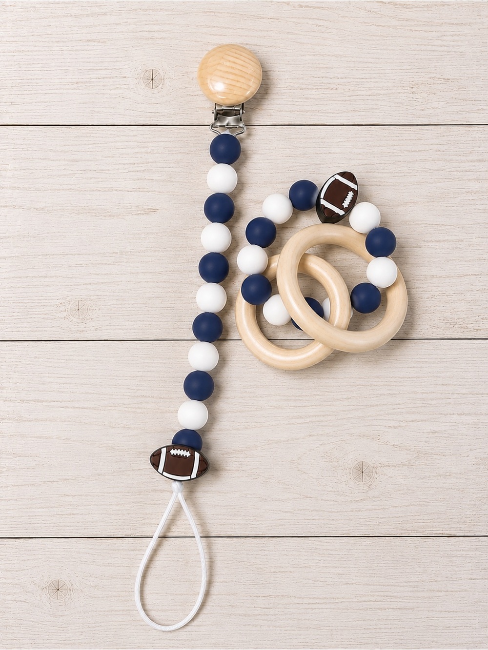 Penn State Silicone Bead Pacifier Clip with Wooden Rings